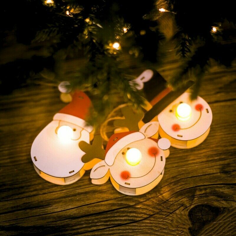 Houten Merry Christmas Garland Krans Decor Led Licht Muur Opknoping Deur Kerstman Elanden Sneeuwpop Ornamenten Xmas Hanger Decor