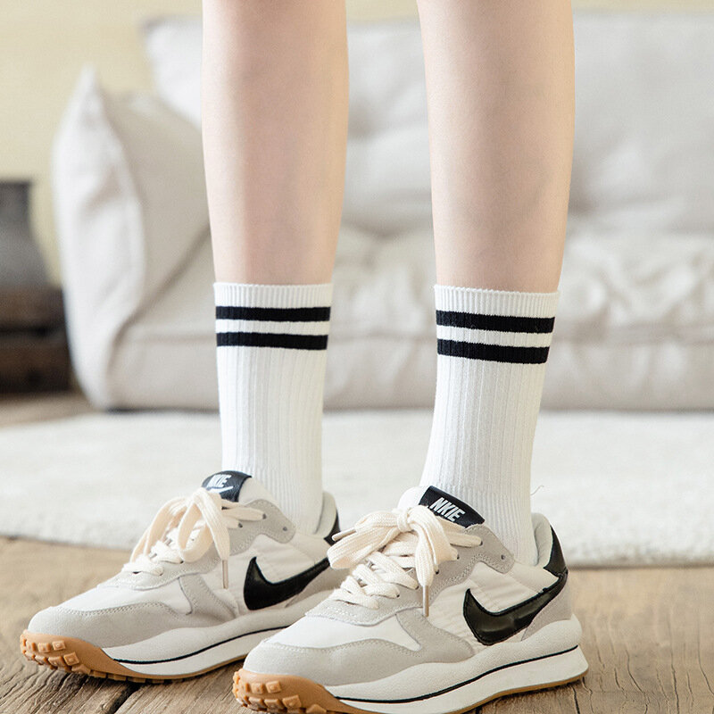 Женские полосатые хлопковые длинные носки средней длины, милые короткие носки в уличном студенческом стиле, подарок для девушки