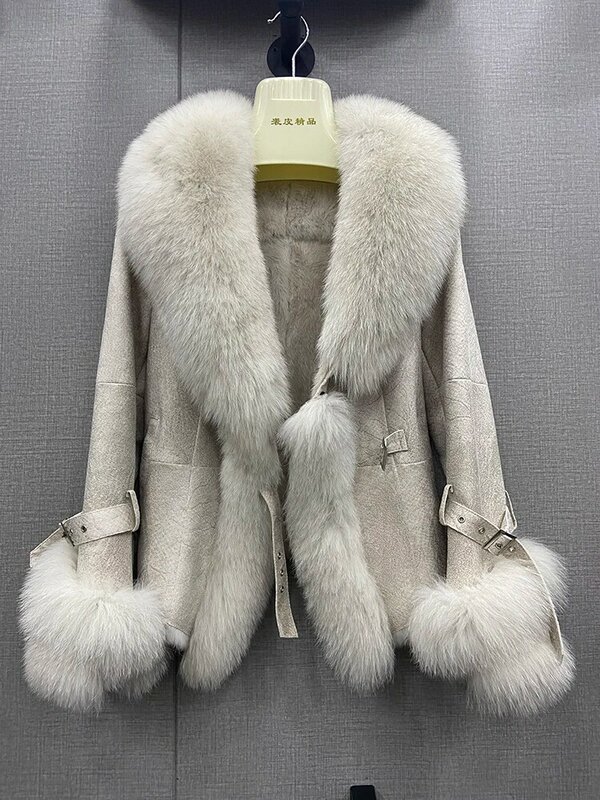 Heißer Verkauf Frauen Winter Echt Fox Pelz Kragen Mantel Haut Echt Kaninchen Pelz Innen Warme Jacken Damen Pelz Outwear