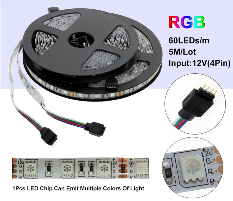 Fita LED para DIY, fita segura, branco, vermelho, azul, verde, RGB, Linha LED flexível, adesivo, 12V, 60 LEDs por metro, 1m, 2m, 3m, 5m, 5050