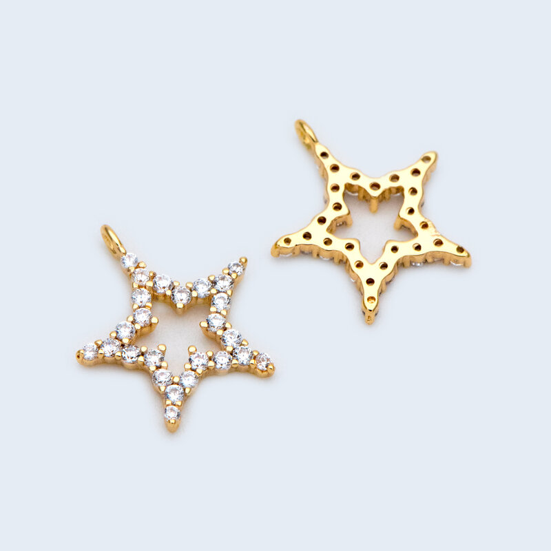 10 buah CZ liontin jimat bintang diasah 12mm, kuningan lapis emas asli, untuk membuat perhiasan persediaan pencarian (GB-1430)