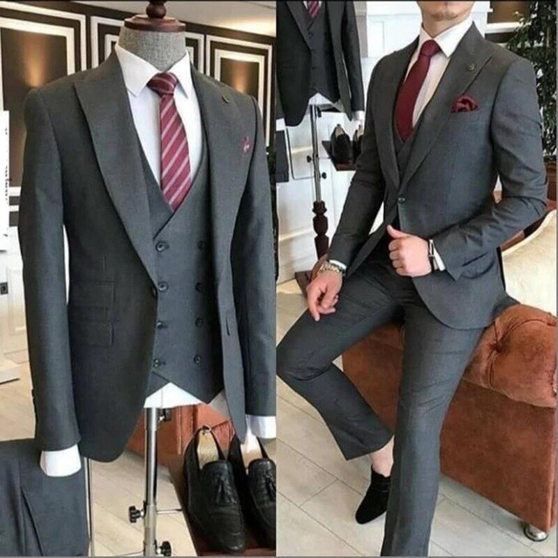 Pakaian Pengantin Pria 3 Buah Setelan Pria Abu-abu 2021 Pas Badan Kerah Puncak Satu Kancing Dibuat Khusus Terno Masculino (Jaket + Celana + Rompi + Dasi)