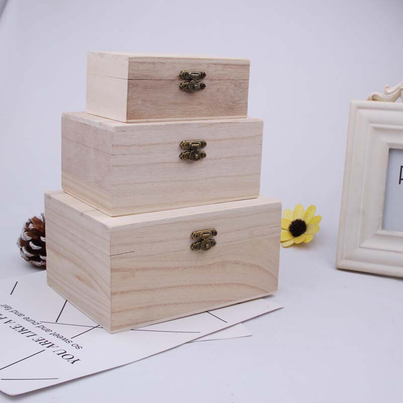 Деревянные квадратные коробки для хранения на петлях, простой деревянный контейнер для хранения поделок, Подарочная коробка с замком, защи...