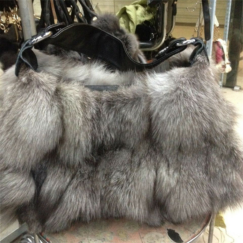 2023 nova moda inverno designer saco com pele de raposa real, bolsa feminina com corrente, saco de noite de pelúcia com pele de raposa, saco agradável.