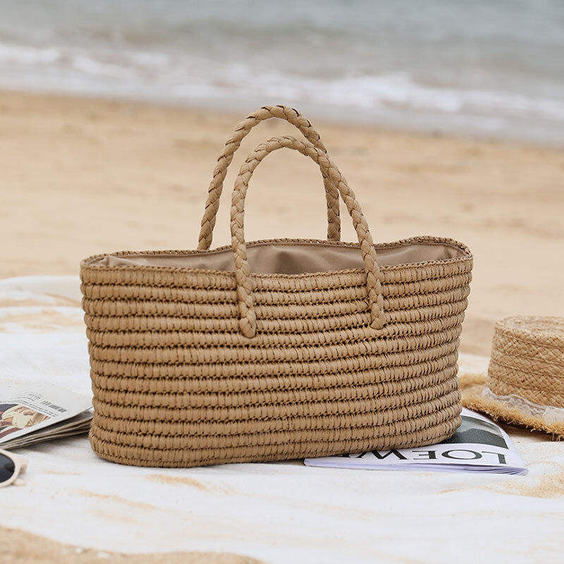 حقيبة منسوجة مصنوعة يدويًا من القش للنساء ، سلة خضروات محمولة ، حقيبة شاطئ نسائية ، سعة كبيرة ، شاطئ البحر ، جديدة ،