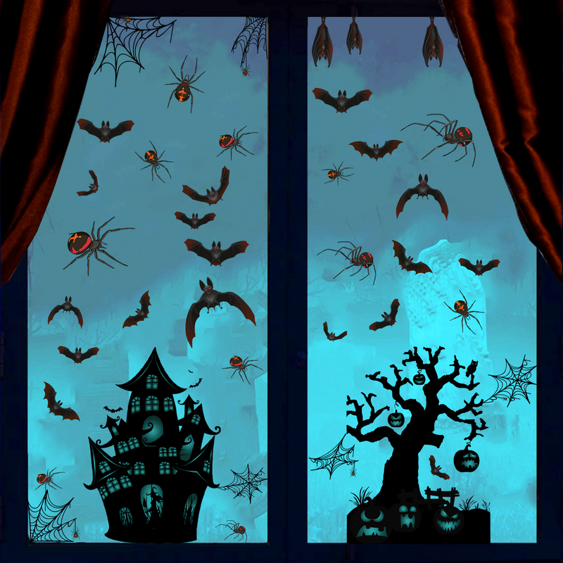 Halloween Window Stickers Horror Blood Handprint Footprint Fingerprint Window Electrostatic Sticker Spiders Bats House Decor