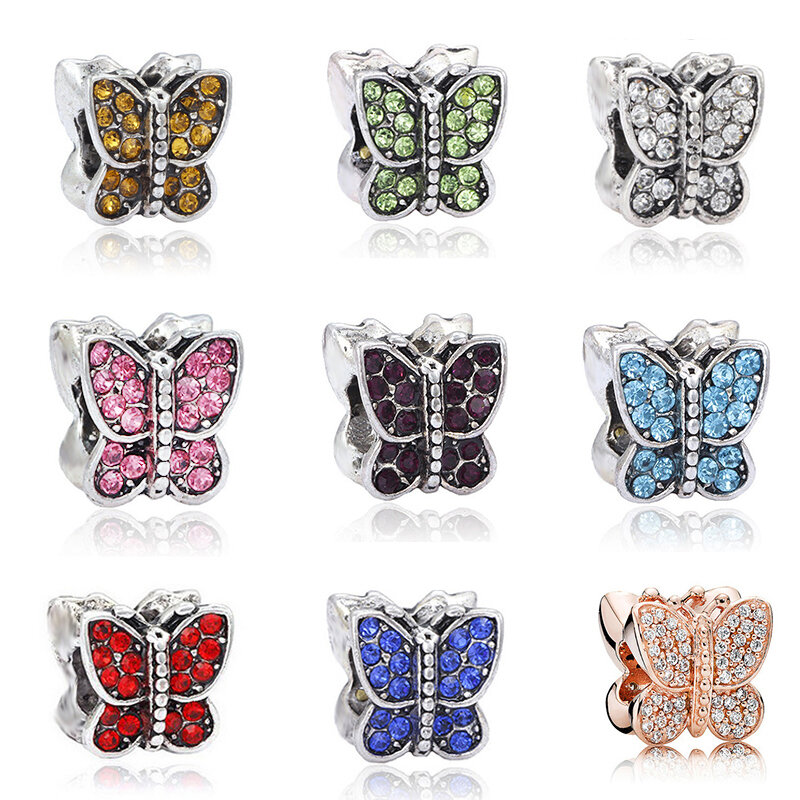 2Pcs/Lot European and American Retro Style Rhinestone Crystal Butterfly Beads For Original Brand Bracelet Accessory Gifts