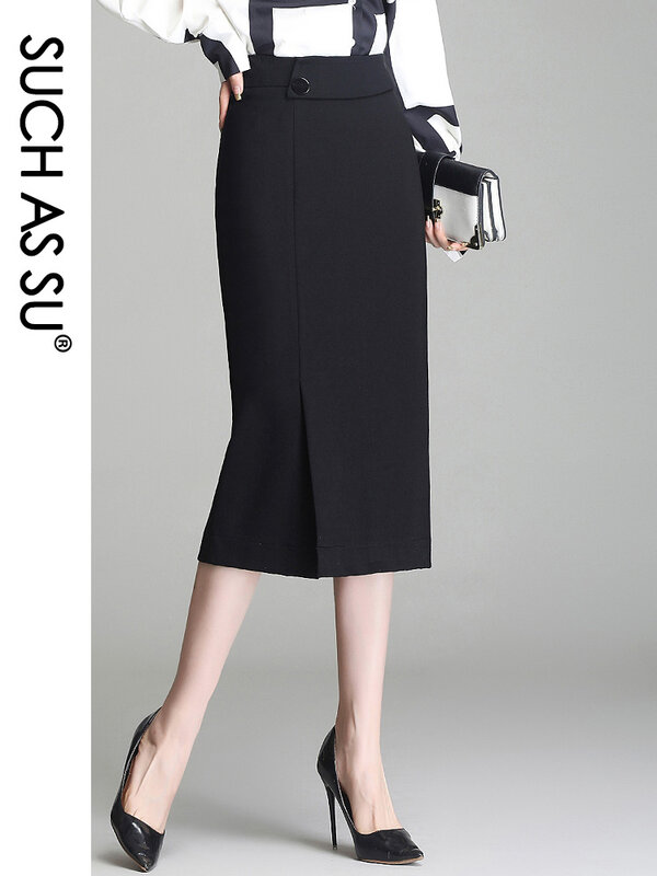 SUCH AS SU Skirts 2021 Spring Summer Women Black Knitted High Waist Wrap Skirt S-3XL Size Mid Long Pencil Skirt Female