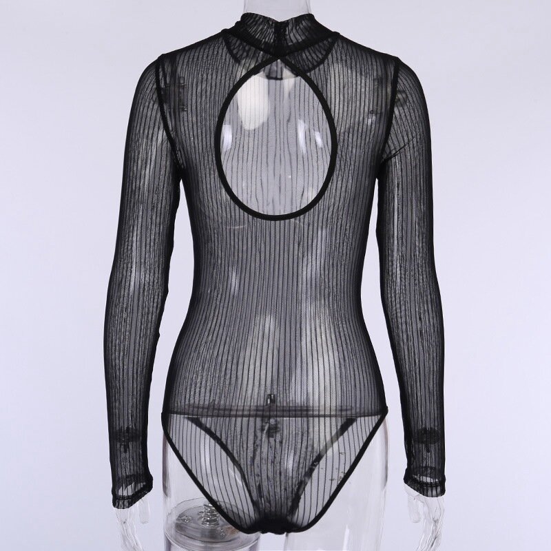 Bkld-macacão sexy de uma peça com costas abertas, malha transparente para noite e clube, novo bodysuit preto, manga comprida, primavera, 2021