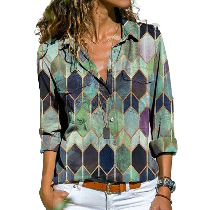 Blusa holgada de manga larga con cuello vuelto para mujer, camisa con botones y estampado hexagonal, elegante, a la moda, 2021
