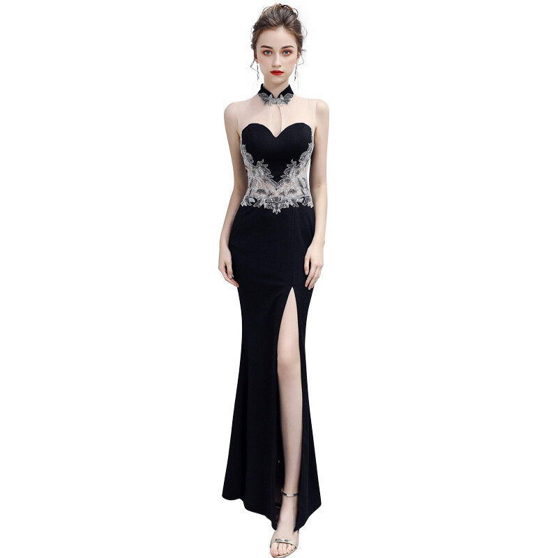 Women's Formal Evening Dresses High Split Sleeveless Off-Shoulder Sexy Party Gowns Backless Ankle-Length Sequined Appliques