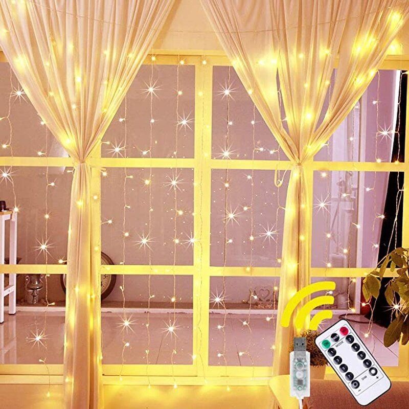USB LEDカーテンライトガーランド,3m x 3m,フラッシュ,リモコン,新年,クリスマス,屋内,結婚式,家の装飾