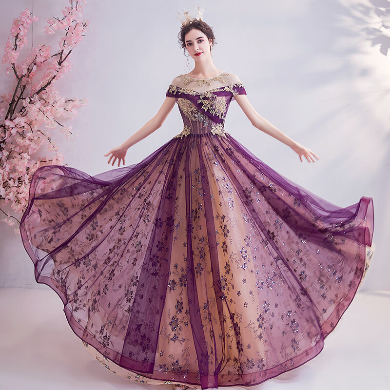 スパンコールの長いイブニングドレス,豪華な紫色のシフォンドレス,大きなVネック,ドバイ,イスラム教徒
