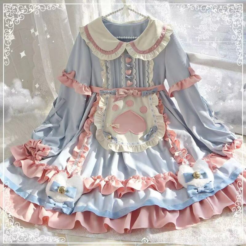 Sukienka Lolita japońska pełna rękaw słodki kociak deser stacja Lolita jesienno-zimowa Kawaii OP śliczna sukienka lekka Lo spotkanie przy herbacie sukienka