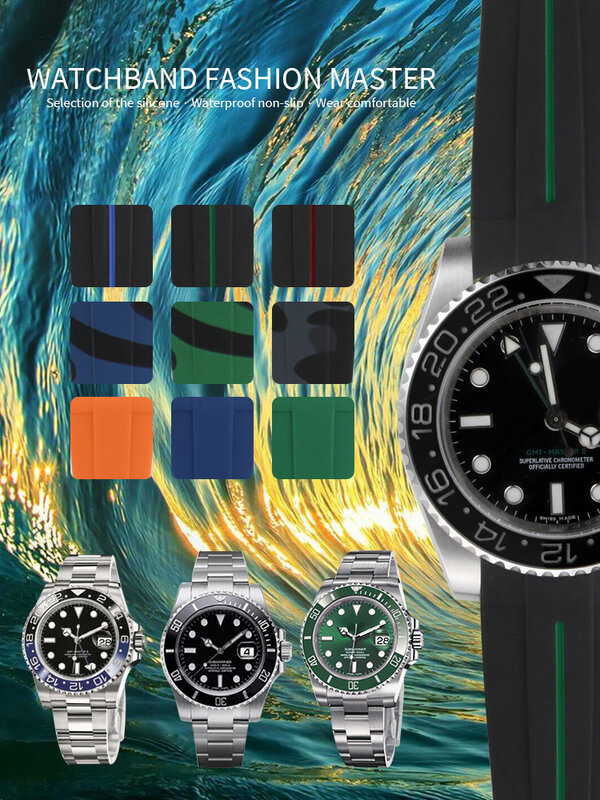 Водонепроницаемый ремешок для часов, резиновый силиконовый ремешок для ролевых часов, спортивный ремешок для часов Submariner GMT Master Day tona Deep sea ...