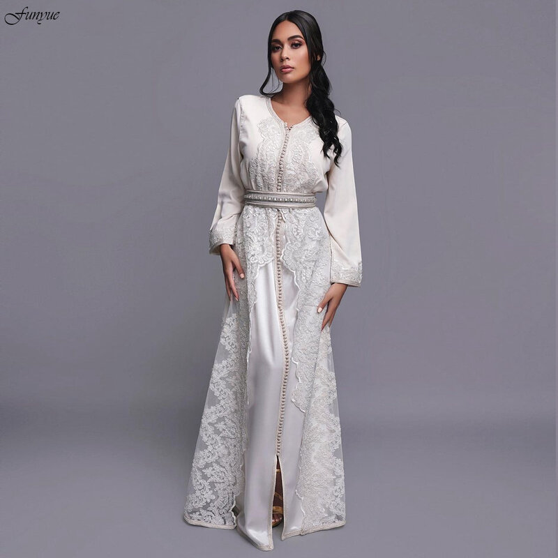 Robe de mariée caftan marocain à manches longues, robe musulmane, dentelle vintage, élégante, adaptée aux patients de Dubaï, robes de mariée arabes, vêtements éducatifs
