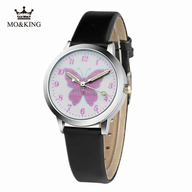 มาใหม่ล่าสุดนาฬิกาเด็กหญิงผีเสื้อสีชมพูการ์ตูน Quartz นาฬิกาวันเกิดของขวัญนาฬิกานาฬิกาเด็ก