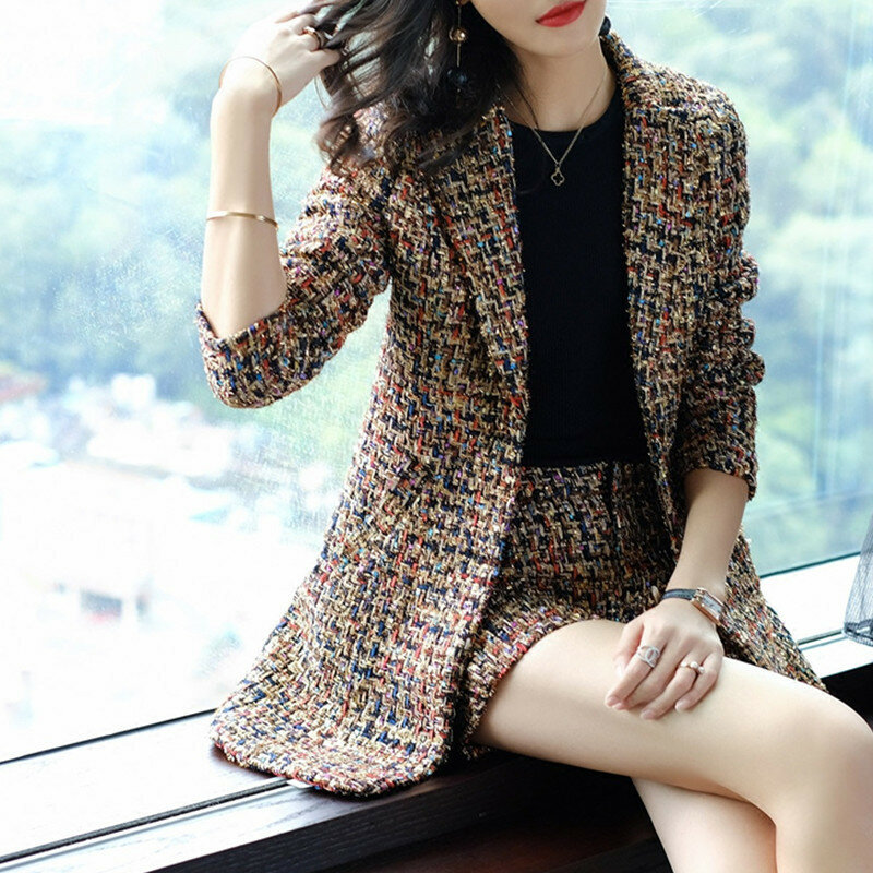 New Elegant Women Tweed Jacket Suits Spliced Twill Long Plaid Blazer Coat Shorts Outfits OL Office Work Formal Suit Sets
