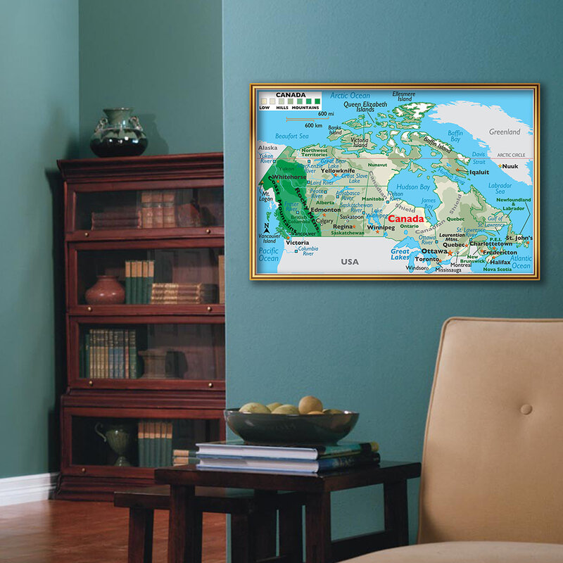 Mapa del terreno de Canadá, póster de arte de pared de tamaño pequeño, pintura de lienzo, suministros escolares de viaje, decoración del hogar para sala de estar, 59x42cm