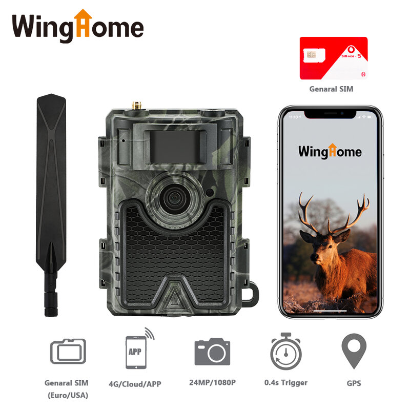 Winghome-câmera de trilha de caça 480ace 4g, 24mp, hd, aplicativo, câmera de nuvem, 940nm, ir, floresta, animais selvagens, sistema de nuvem, aplicativo gps