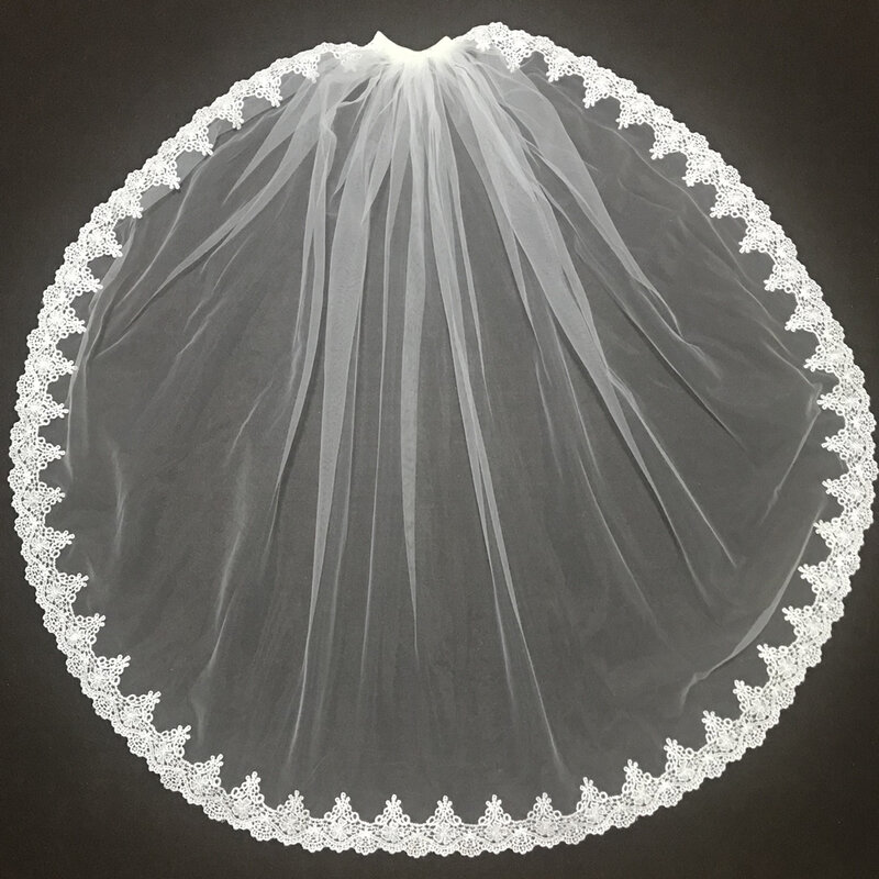 Фата невесты из тюля, с кружевной аппликацией цвета слоновой кости, короткий кончик пальца, длина 80 см, свадебная фата с гребнем
