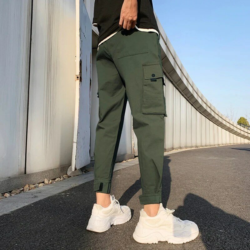 Wstążki Harem Joggers męskie spodnie bojówki Streetwear 2021 hip-hopowe casualowe kieszenie bawełniane spodnie do biegania męskie modne spodnie Harajuku