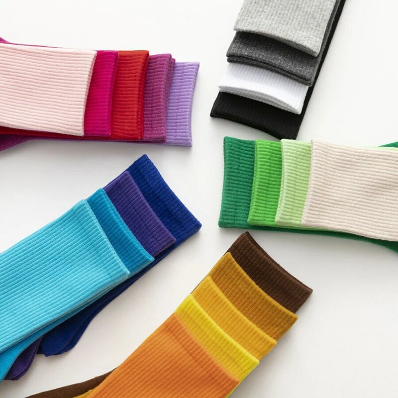 Chaussettes en coton pour femme, 22 couleurs unies, orange, rose, noir, blanc, doux, Harajuku Casual Crew, style printemps et automne, 1 paquet