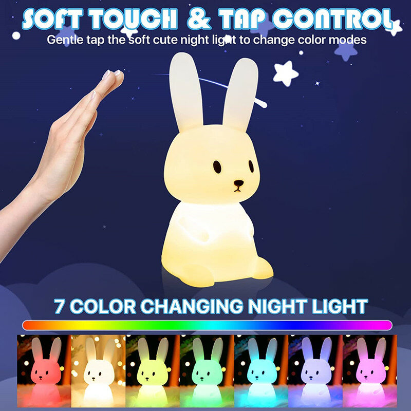 Night Light for Kids Room Cute Bunny Lamp Gifts for Nursery Girls Boys Toddler Kawaii Room Decor USB Silicone Rabbit Night Light