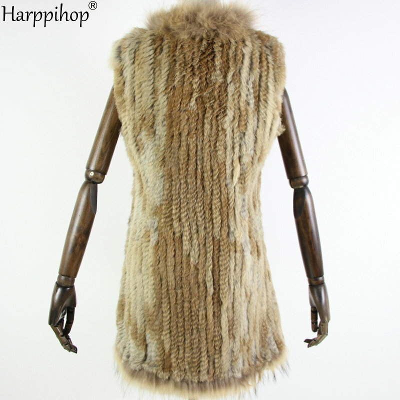 Di nuovo modo del coniglio gilet di pelliccia del coniglio del knit maglia 80cm di trasporto lungo stile per le donne collo di pelliccia di procione assetto gilet di pelliccia decorazione della tasca