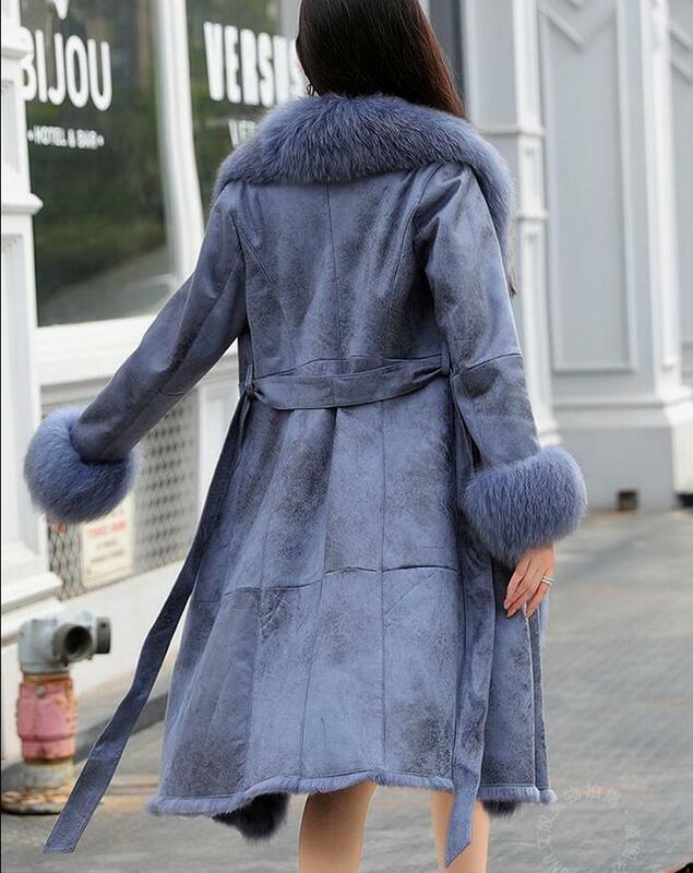 2021 nowy prawdziwy podwójny płaszcz z futra królika kobiet w połowie długości zima dopasowany skórzany kołnierz z futra lisa mankiety futro odzież
