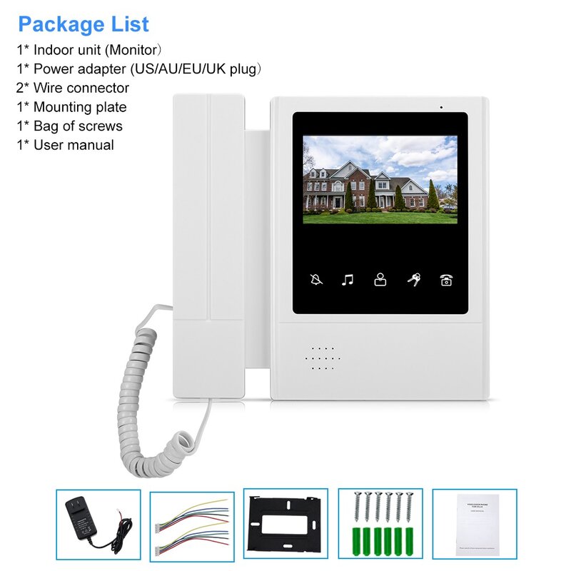 4.3" Video Intercom Doorbell Monitor Indoor Unit Color TFT-LCD Screen Two-way Audio Door Phone Intercom for Home Apartment