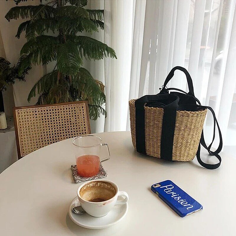 TOBO-Bolso de paja tejido para viaje y vacaciones para mujer, bandolera hecha a mano con bolsillos, de diseñador