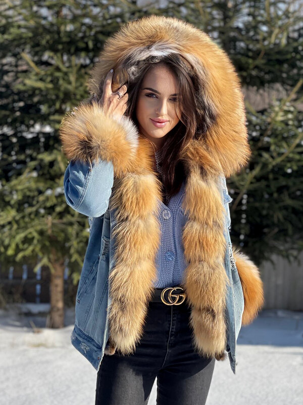 2020 damska kurtka z futra kurtka dżinsowa lis naturalny futrzana podszewka kurtka damska kobiety zimowy ciepły płaszcz bawełniany