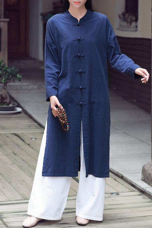 Vestuário retrô chinês de algodão e cânhamo feminino, colarinho de estande, monocromático, sle longo, fivela de prato, novo, primavera, 2020