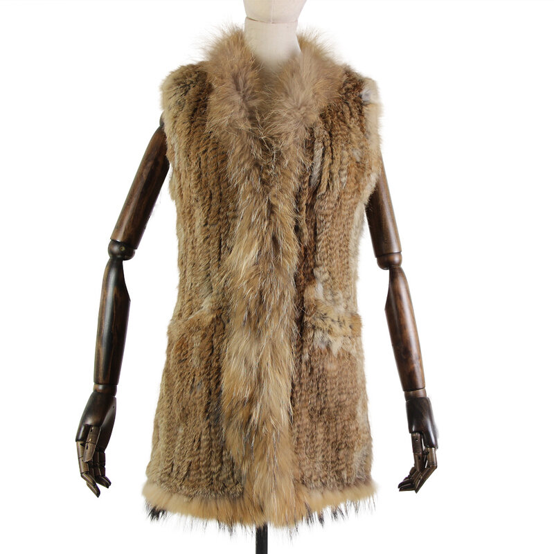 Colete de pele de coelho estiloso, colete de malha de coelho com 80cm de estilo longo para mulheres, colete de pele de guaxinim, guarnição, decoração de bolso
