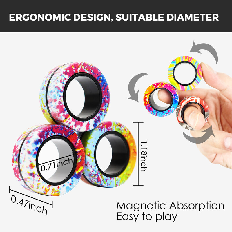 Magnetic Fidget Spinner Ring Toys Set para adultos e crianças, Brinquedos mágicos, alívio da ansiedade, anéis magnéticos dos dedos, ADHD, aleatório, 3pcs