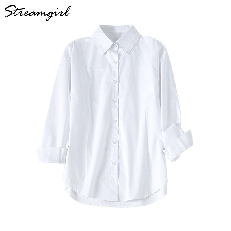 Streamgirl-Chemise blanche à manches longues pour femme, blouse en coton, style décontracté, printemps-automne