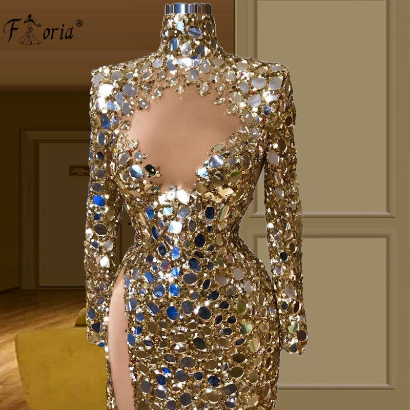 Vestidos De Noche Arabisch Gold Kristalle Abendkleider 2023 Sparkly Dubai Langarm Abendkleid Promi Party Kleid Wunderschöne