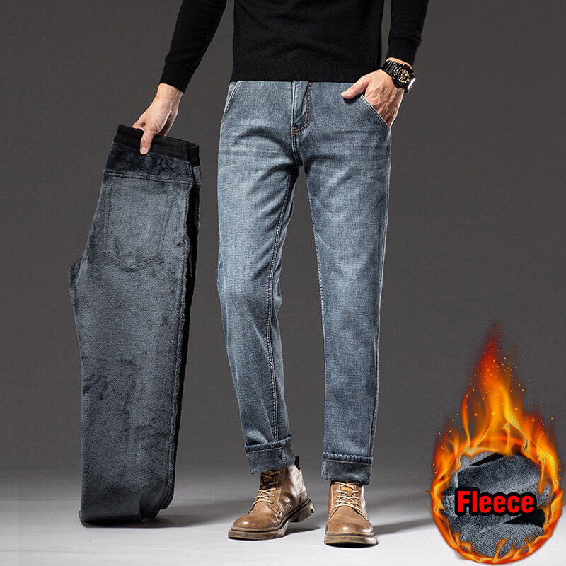 Calça jeans quente de lã masculina, estilo clássico, casual para negócios, ajuste regular, calça jeans stretch grossa, marca masculina, inverno, nova
