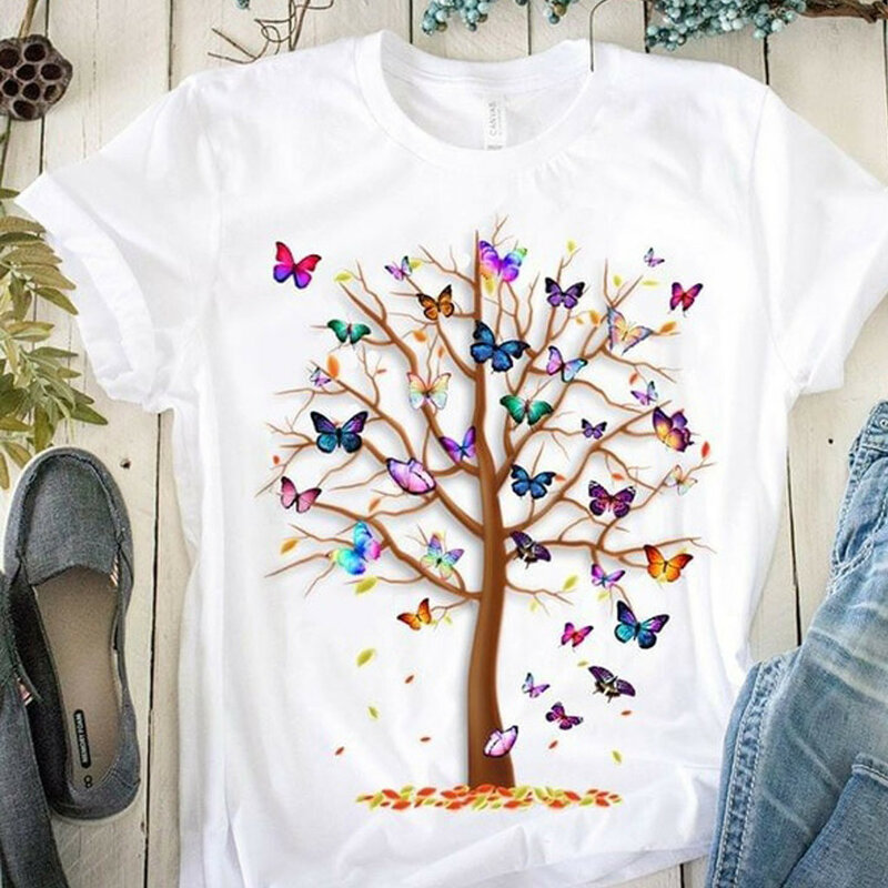 Kaus Musim Panas Harajuku Gambar Pohon Kupu-kupu Wanita Kaus Atasan Slee Pendek Leher Bulat Kasual, Drop Ship