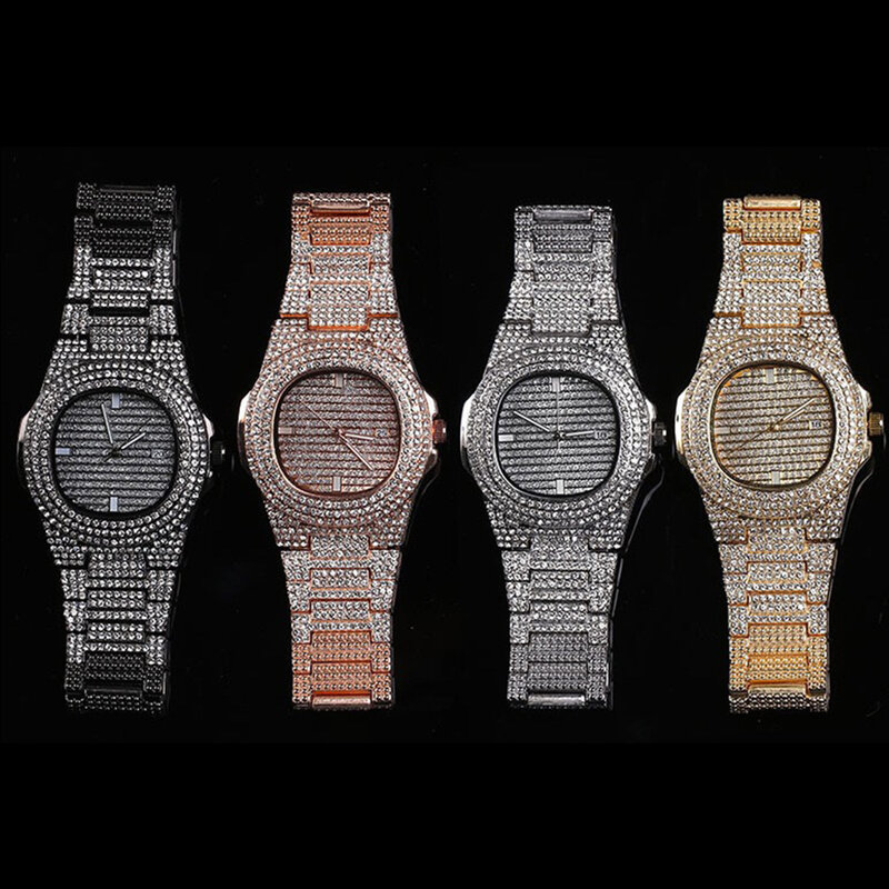 Часы наручные мужские со стразами, модные, золотистые, в стиле хип-хоп, 2021