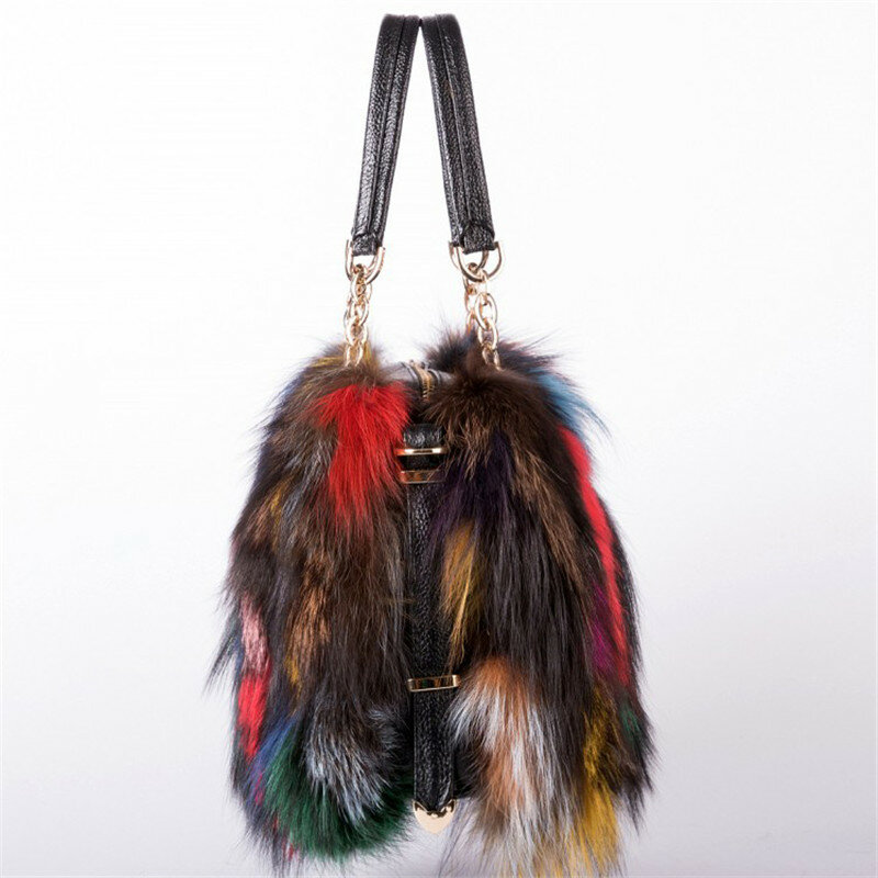 Luxury  Real Fox Fur Leather Handbag Women   Multicolor Handbags Brand Party Shoulder Bag Designer Evening Bags