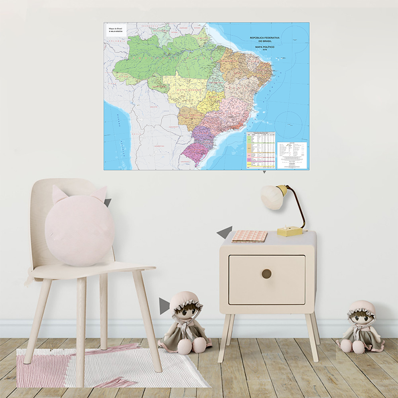 A2 Size Portuguese Brazil World Map Painting Canvas Political Brazil Map Posters and Prints for Home School Education Decor