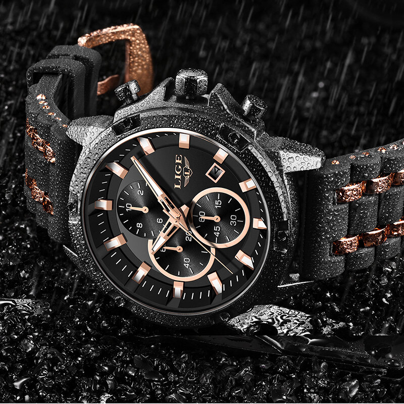 LIGE-reloj analógico con correa de silicona para hombre, accesorio de pulsera resistente al agua con cronógrafo, complemento masculino deportivo de marca de lujo con diseño clásico de negocios en color negro