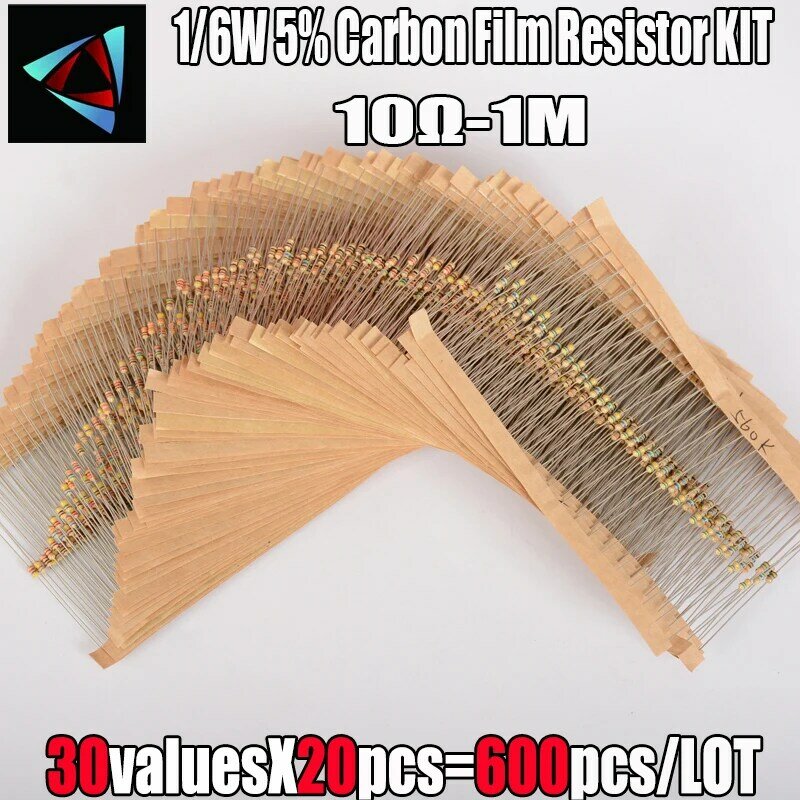 Kit de résistance à 5% de film de carbone, résistances assorties de 30 sortes, 600/300 pièces/ensemble, 1/6 W, 1K, 10K, 100K, 220 ohm, 1 m,