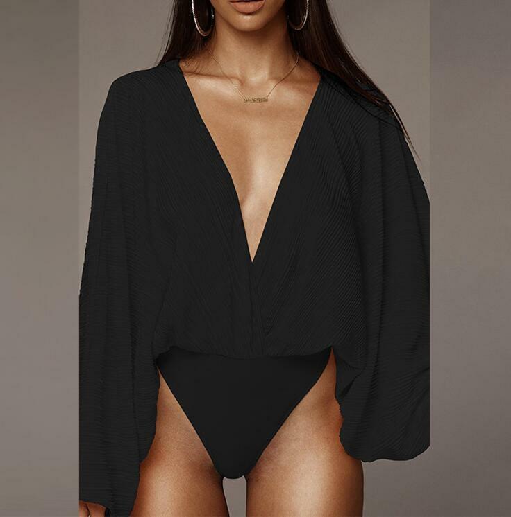 Deep V-Neck Patchwork Sexy Bodysuit Women Fashion Long Sleeve Loose Women Rompers Spring Casual Bodysuit Jumpsuit 2020