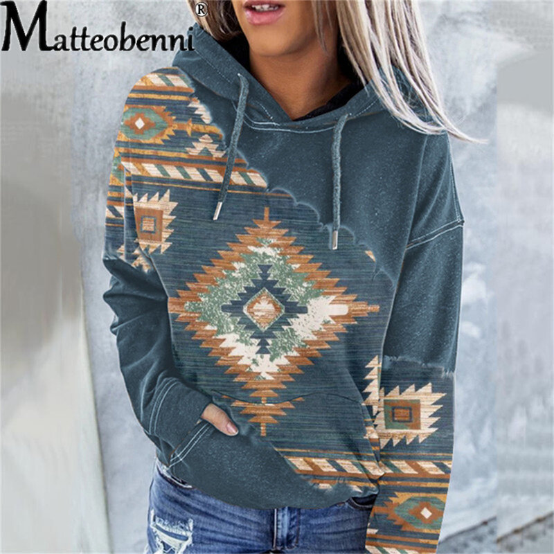 2021 Mode Gedrukt Patchwork Hooded Sweater Vrouwen O-hals Met Lange Mouwen Casual Losse Truien Lady Winter Warm Pocket Truien