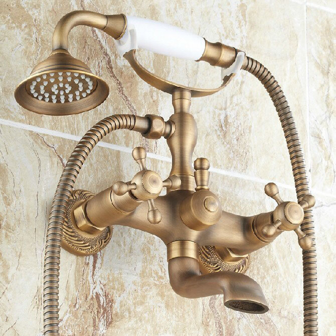 Vintage Antique Brass Wall Mounted Bathroom Tub Faucet Set with 1500MM Handheld Shower Spray Head Mixer Tap 2tf122