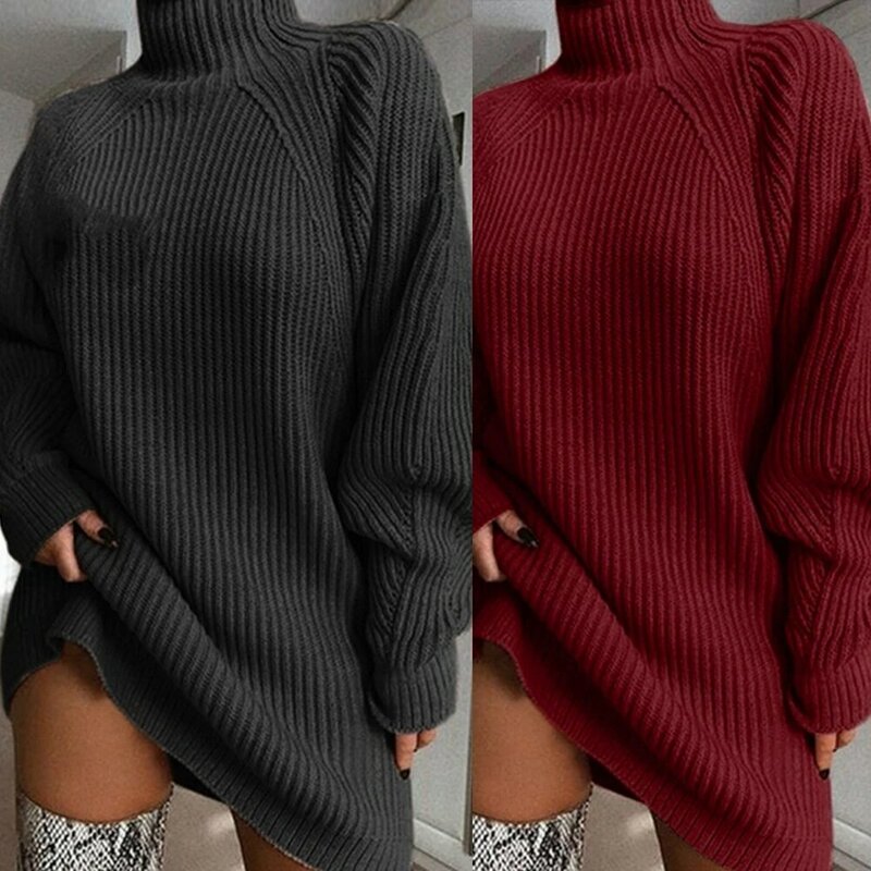 Moda damska sweter zimowy ciepły golf długi raglanowy rękaw sweter z dzianiny luźna sukienka Midi na ubrania damskie