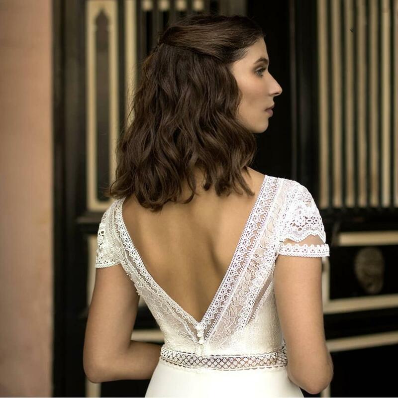 Женское свадебное платье с открытой спиной LSYX, кружевное шифоновое платье-трапеция до пола со шлейфом и коротким рукавом, индивидуальный пошив